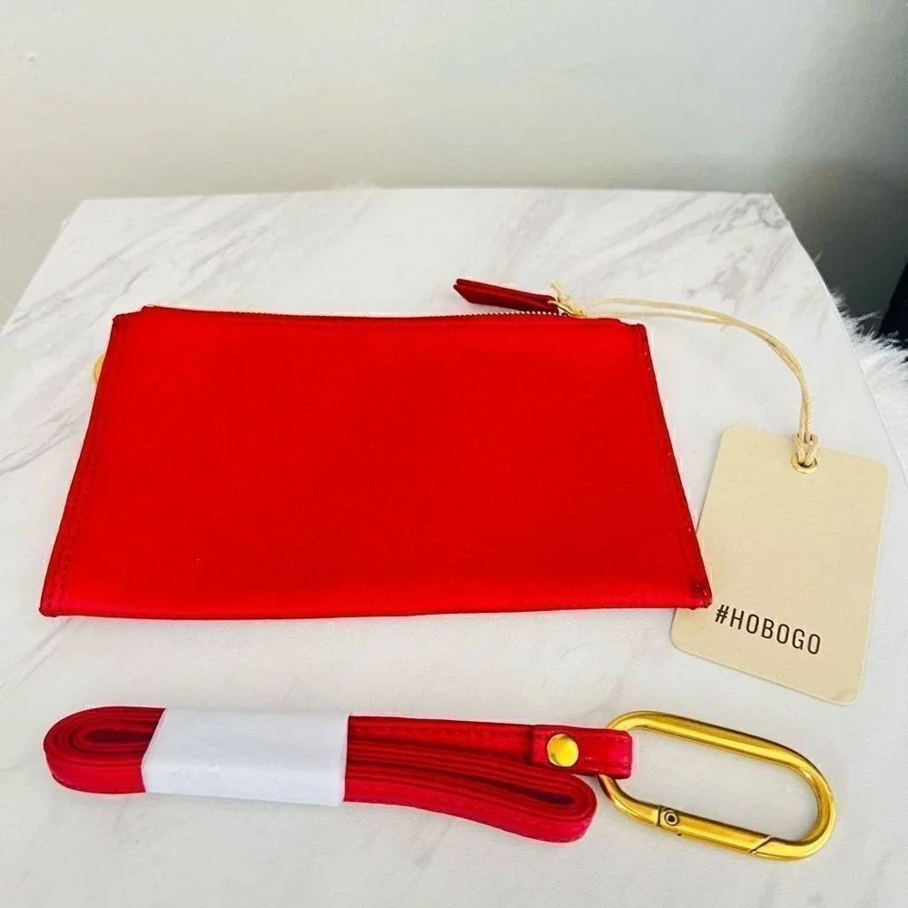 HOBO GO Tour Leather‎ Zip Pouch Bag, Wristlet, with Lanyard, Red/Gold, NWT